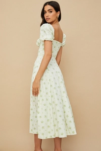 Detail of puff short sleeves and floral pattern on an open back summer midi dress