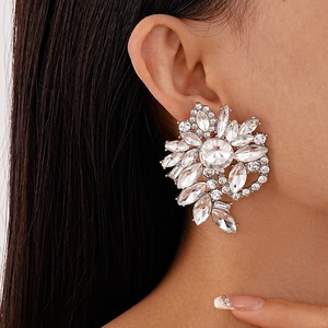 Macro shot of silver flower earrings with crystals worn by model for luxury look