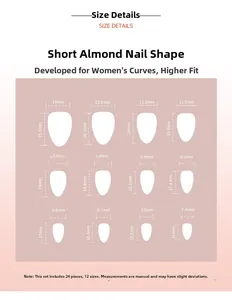 Size guide for short almond press on nails with 12 sizes and 24 pieces measurement chart
