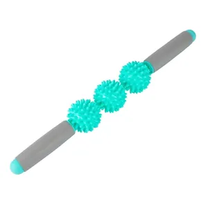 Three-ball spiked massage roller stick with mint green gears and gray non-slip handles