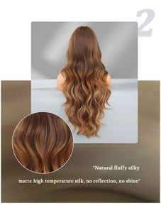 Détail de la texture de soie mate haute température sur perruque longue ondulée ombre