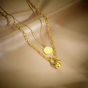 Vintage Gold Plated Stainless Steel Layered Necklace With Portrait Coin Pendant And Ball Charm Toggle Clasp Women Jewelry