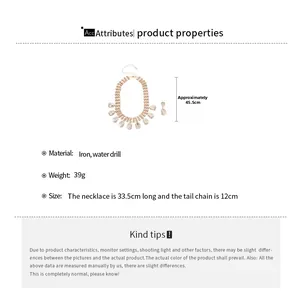 Detail showing iron rhinestone waterdrop tassel necklace dimensions and 39g weight