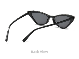 Rear view of black cat eye sunglasses featuring sparkling silver rhinestones and sleek frame