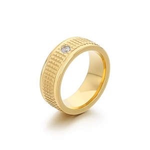 Men's titanium steel gold ring featuring a wide band and centered diamond inlay