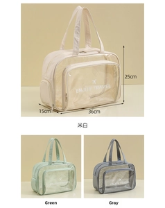 Three travel wash bags in beige, green, and gray showing large capacity and dimensions
