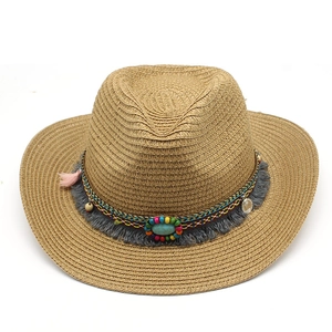 Chapeau de cowboy d'été unisexe en paille avec perles ethniques et détails turquoise