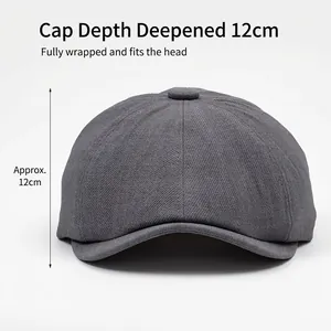 Dark grey newsboy cap with 12cm deep crown design for a comfortable full head fit