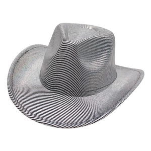 Silver and black striped western cowboy hat with metallic finish on white background