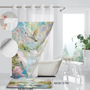 Détail du rideau de douche motif cygne et lotus avec tapis de bain antidérapant assorti