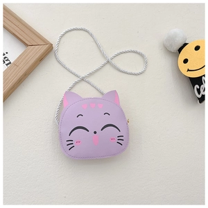 Detail of cute purple cat crossbody bag for girls with white braided strap and face design