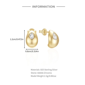 Detailed size specifications for 925 sterling silver pear-shaped zirconia earrings