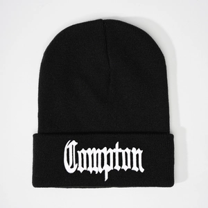 Classic black knitted beanie with white Compton embroidery in 3D street style