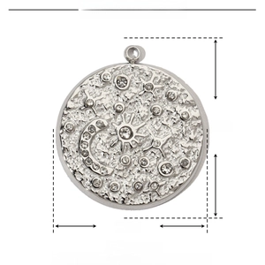 Detail view of celestial moon and star stainless steel pendant with size parameters