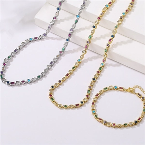 Collana E Bracciale In Rame Placcato Oro 18K Zircone Multicolore Geometrico Irregolare Gioielli Di Moda Per Donne