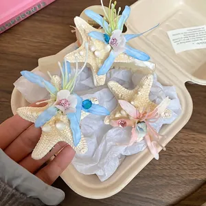 Starfish Hair Clip Fabric Flower Rhinestone Beach Vacation Style Bohemian Hair Accessory For Women Shark Duckbill Clip