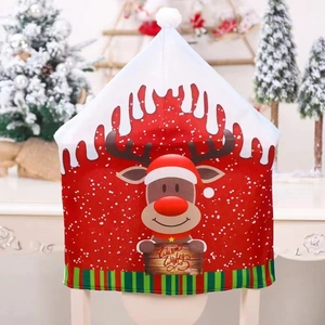 Housse de chaise de Noël avec motif renne et design de chapeau de fête à pompon blanc