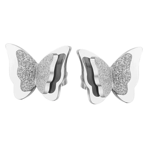 Silver bow butterfly stud earrings with layered polished and frosted stainless steel