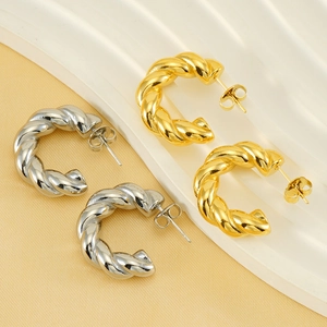 Twisted Hoop Earrings 18K Gold Plated Stainless Steel Geometric C Shape Minimalist Retro Jewelry For Women