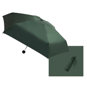 Close-up of a dark green folding capsule umbrella with its matching compact storage case