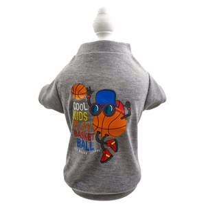 Close-up of gray cotton dog vest featuring basketball prints and Cool Kids lettering