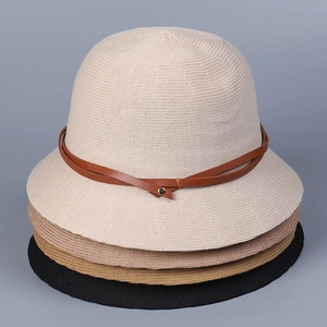 Women Knitted Bucket Hat Cotton Polyester Breathable Sun Protection Lightweight Fashion Vintage Cap With Leather Buckle