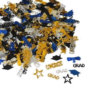 Blue and gold graduation confetti with grad hats stars and congrats text for 2025 parties