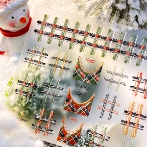 Embossed Christmas nail art stickers with red green plaid and gold line patterns