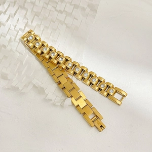 Luxury 18K gold-plated stainless steel watchband bracelet with sparkling white zircon gems