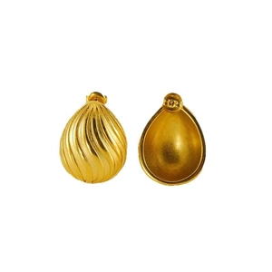 Polished 18K gold plated stainless steel teardrop stud earrings with spiral texture