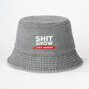 Gray washed cotton bucket hat featuring Shit Show Crew Member print design in white and red