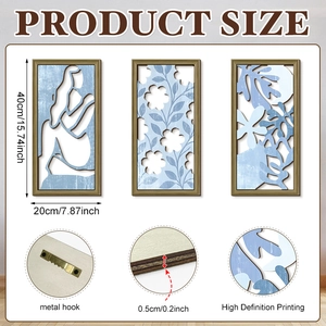 Matisse blue hollow wood wall art set of 3 with abstract floral and silhouette designs