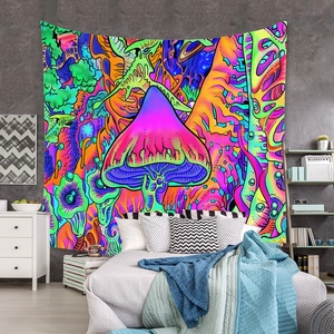 Detail of psychedelic abstract mushroom tapestry hanging on a bedroom concrete wall