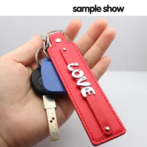 Red PU leather 8mm keychain with silver metal LOVE letters and keyring accessory