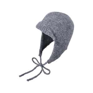 Cozy grey wool knit trapper hat with earflaps and chin straps for winter warmth