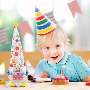 Birthday Gnome plush toy with Happy Birthday sign and colorful party hat for celebration