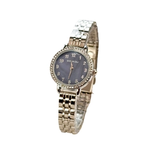 Women's quartz watch with silver metal band, diamond bezel, and dark gray dial