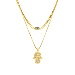 Double-layer gold Hamsa Hand necklace with blue gemstone pendant and white shell inlay