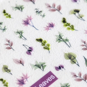 5D floral nail art stickers with green and purple leaves on transparent background