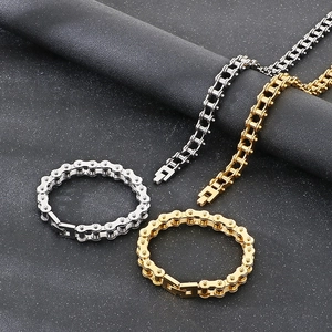 Hip hop style stainless steel bicycle chain necklace and bracelet in gold and silver