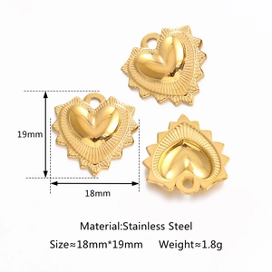 Three golden stainless steel heart charms with sunburst texture and size 18mm x 19mm