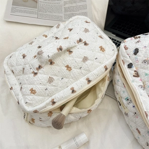 Detailed macro view of quilted cotton makeup bags with cute bear prints on white bed