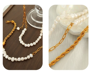 Detail of gold twist and paperclip link chains with irregular baroque pearls set