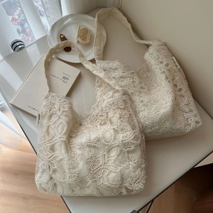 Underarm Shoulder Bag French Retro Lace Embroidery Gauze Cotton Canvas Tote Floral Pattern Elegant Handbag For Women