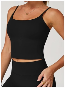 Close-up of slim straps and brushed fabric on this black athletic yoga crop top