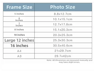 Size chart table for ivory white photo frames showing various dimensions from 5 to 16 inch