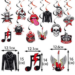 Rock and roll party decoration kit with guitar and skull banners for music themed birthdays