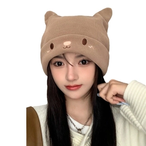 Cute brown knit cat ear beanie for women with cartoon embroidery and thick ribbed texture
