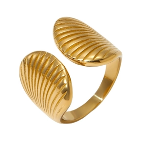 Polished gold scallop shell open ring in stainless steel with radial textures on white back