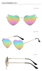 Multiple views of gold heart sunglasses with rainbow gradient lenses and metal frames